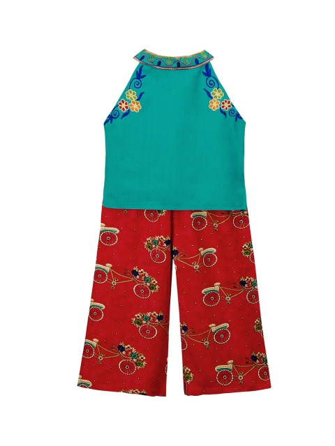 

KID1 Girls Teal Blue Embroidered Top with Red Quirky Print Palazzos
