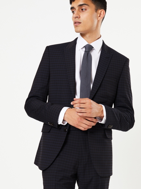 

Marks & Spencer Men Blue & Brown Checked Skinny Fit Single Breasted Formal Blazer