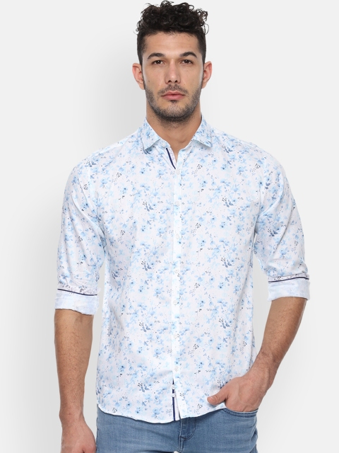 

V Dot Men White & Blue Slim Fit Floral Printed Casual Shirt