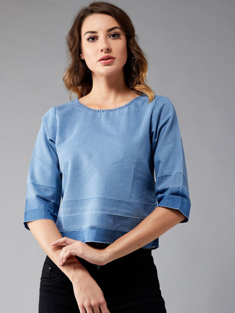 

DOLCE CRUDO Women Blue Denim Solid Pure Cotton Top