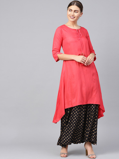 

Juniper Women Coral Pink Solid Asymmteric A-Line Kurta