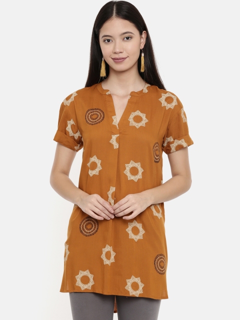 

Chumbak Women Mustard Yellow Printed High-Low Top
