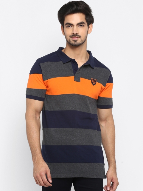 

Mufti Men Grey Striped Polo Collar Pure Cotton T-shirt