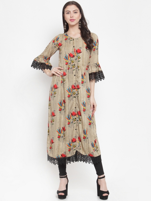 

Aujjessa Women Beige & Red Floral Printed A-Line Kurta