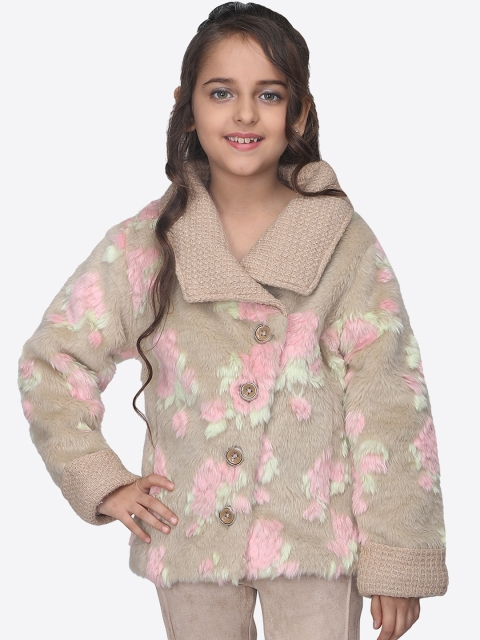 

CUTECUMBER Girls Beige & Pink Printed Jacket