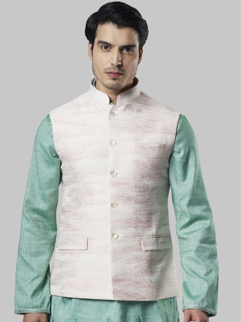 

Ethnix by Raymond Men White & Pink Woven Design Nehru Jacket