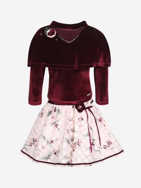

CUTECUMBER Girls Maroon & Peach-Coloured Solid Top with Skirt