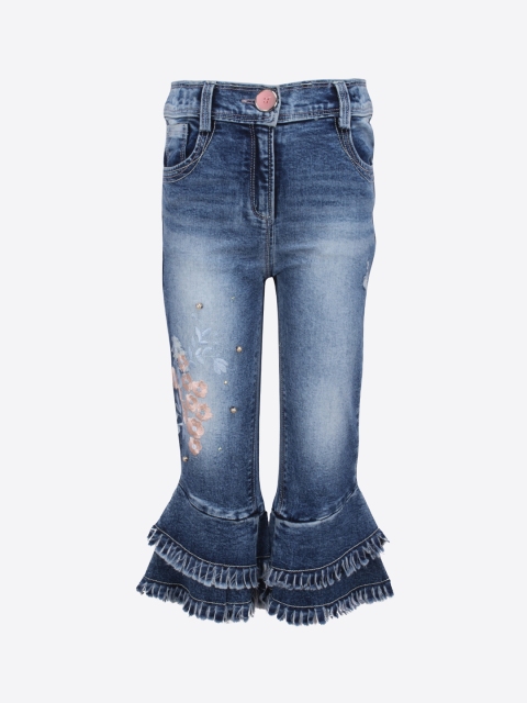 

CUTECUMBER Girls Blue Embellished Regular Fit Denim Capris