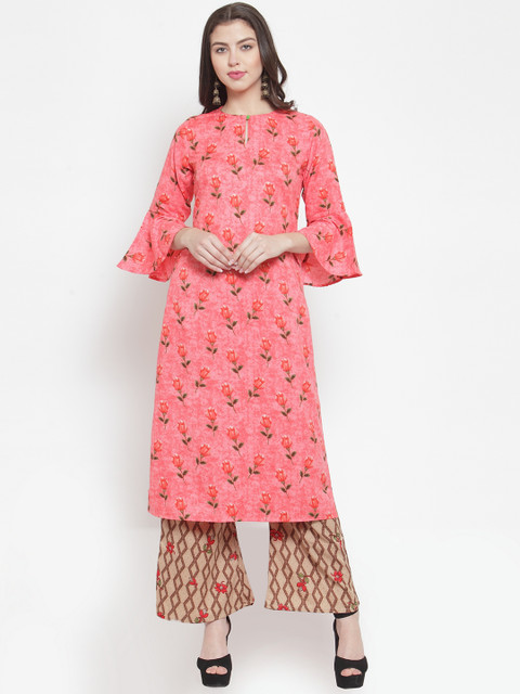 

Aujjessa Women Peach-Coloured & Beige Printed Kurta with Palazzos