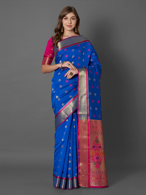

Mitera Blue & Pink Silk Blend Woven Design Banarasi Saree