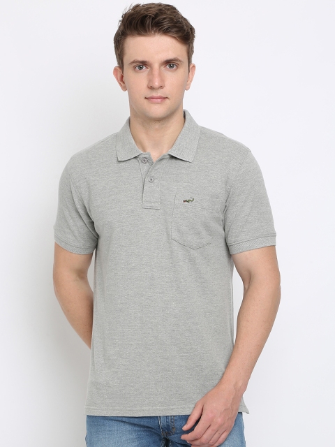 Crocodile Men Grey Melange Slim Fit Solid Polo Collar T-shirt