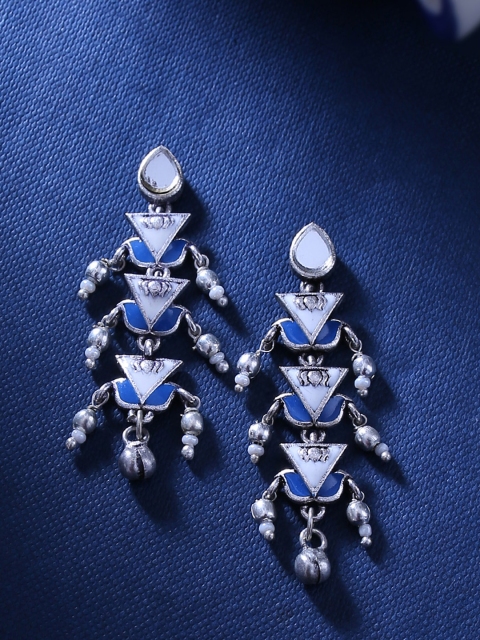 

Voylla Silver-Plated & Blue Contemporary Oxidised Drop Earrings