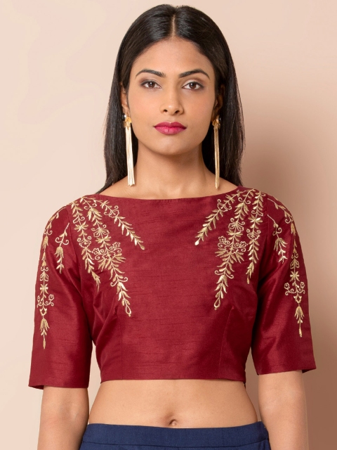 

INDYA Women Maroon Embroidered Crop Top