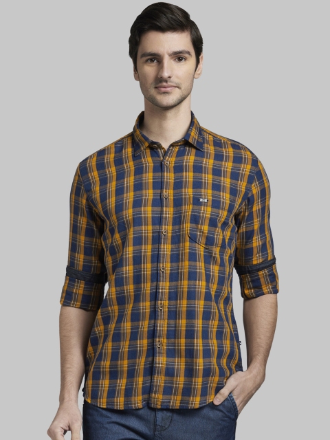 

Parx Men Yellow & Navy Blue Slim Fit Checked Casual Shirt