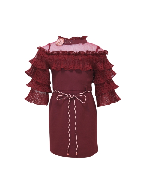 

CUTECUMBER Girls Colourblocked Maroon Fit and Flare Dress