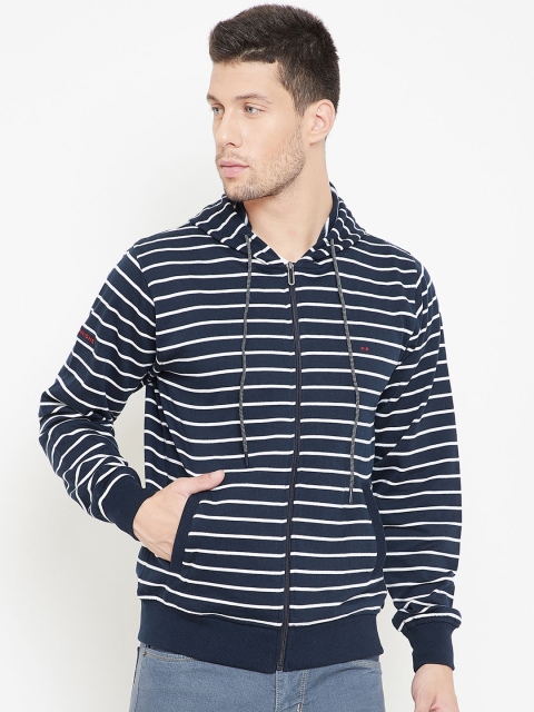 Okane Men Navy Blue Striped Hooded Sweatshirt