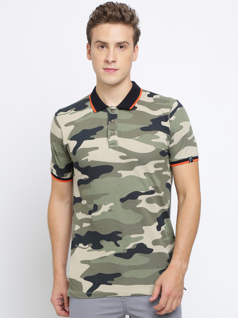 

Breakbounce Men Olive Green Camouflage Printed Polo Collar T-shirt