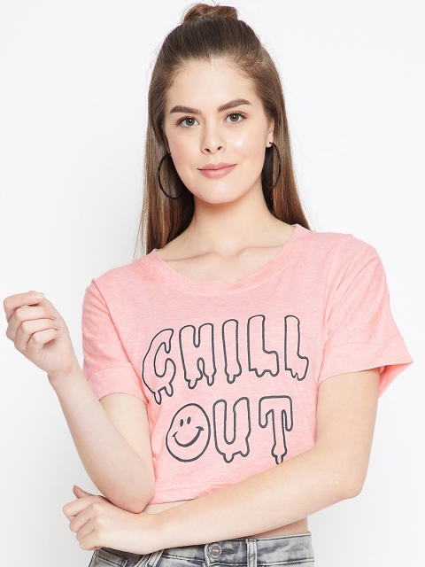 

CHROME & CORAL Women Pink & Grey Printed Crop Top