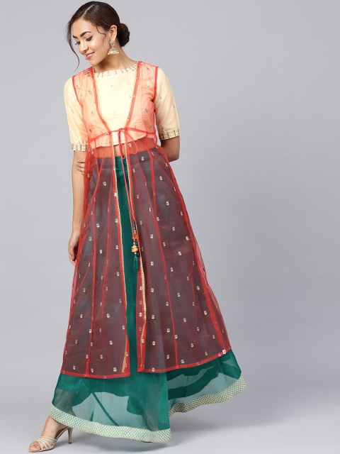 

Juniper Women Coral & Gold-Toned Self Design Tie-Up Shrug