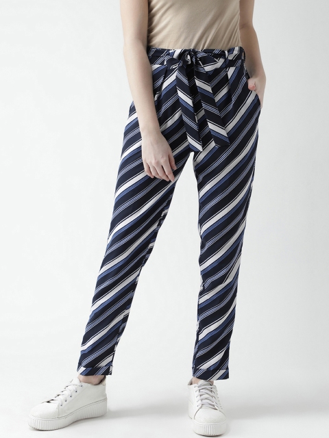 

KASSUALLY Women Navy Blue & White Relaxed Regular Fit Striped Regular Trousers