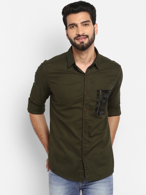 

Mufti Men Olive Green Slim Fit Solid Casual Shirt