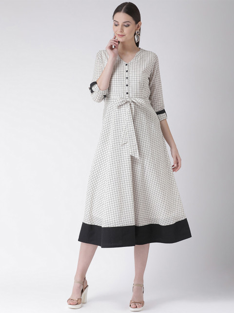 

Texco Women Checked Off-White & Black Fit and Flare Dress