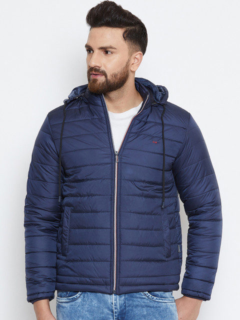 

Okane Men Navy Blue Solid Hooded Puffer Jacket