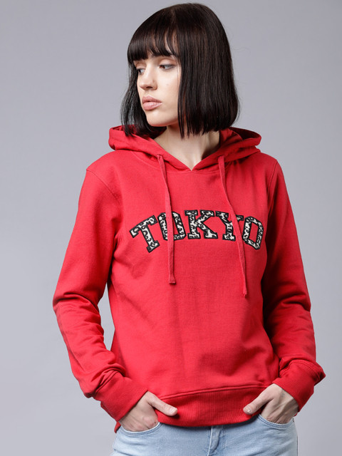 

Tokyo Talkies Women Red Self Design Hooded Sweatshirt