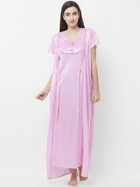 

FashionRack Pink Solid Nightdress with Robe