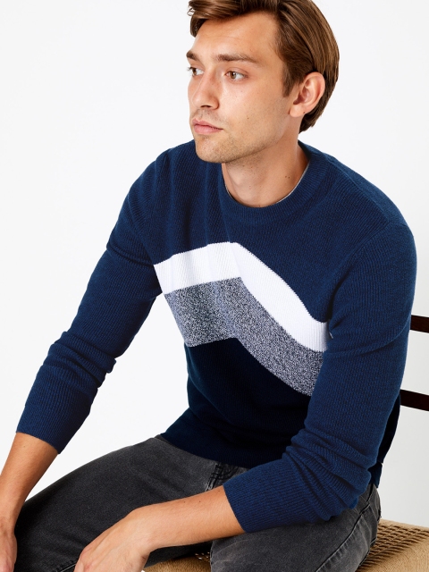 

Marks & Spencer Men Navy Blue Colourblocked Sweater