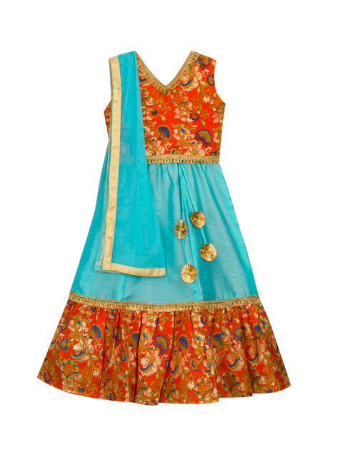 

KID1 Girls Orange & Blue Printed Ready to Wear Lehenga & Blouse with Dupatta