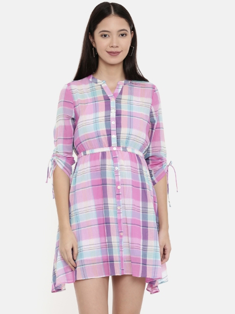 

Chumbak Women Pink & White Checked Shirt Dress