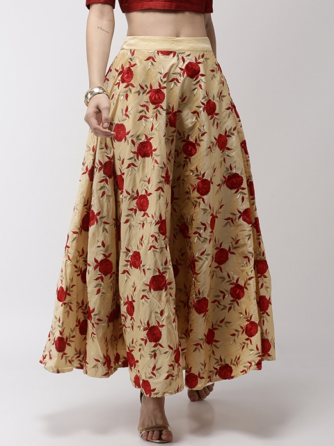 

De Moza Women Beige and Red Embroidered Flared Maxi Skirt, Gold