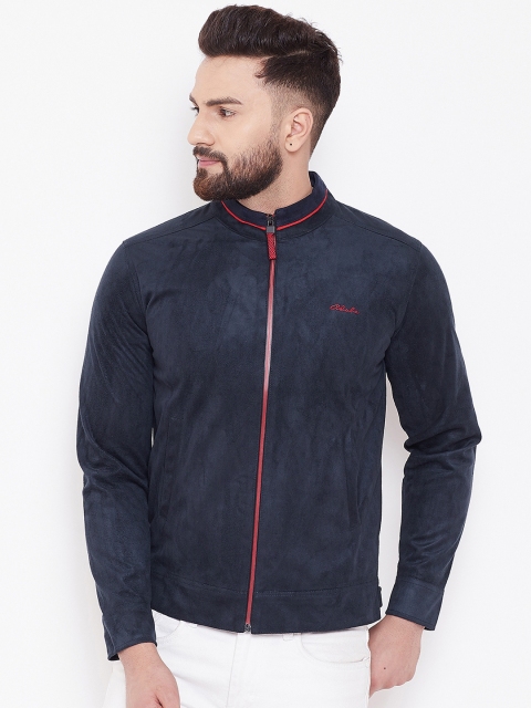 

Adobe Men Navy Blue Solid Bomber Suede Jacket