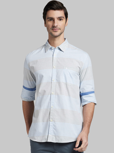 

Parx Men Off-White & Blue Slim Fit Striped Casual Shirt