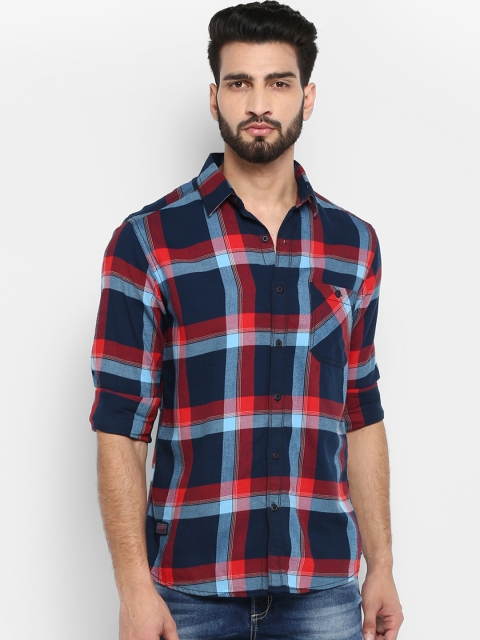 

Mufti Men Navy Blue & Red Slim Fit Checked Casual Shirt