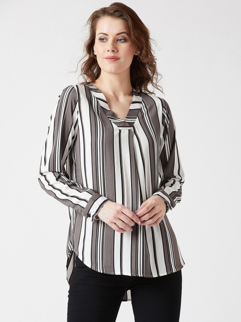 

U&F Women White & Grey Striped High-Low Top