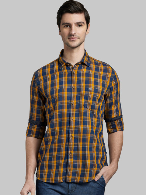 

Parx Men Yellow & Navy Blue Slim Fit Checked Casual Shirt