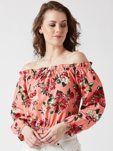 

U&F Women Peach-Coloured & Red Floral Printed Crop Bardot Top