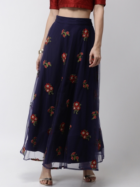 De Moza Women Blue Embroidered A-Line Maxi Skirt