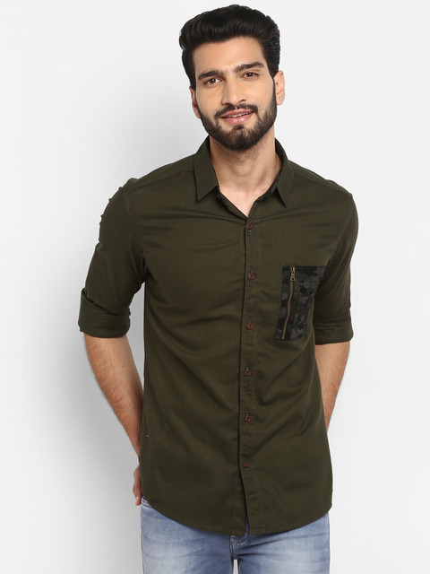 

Mufti Men Olive Green Slim Fit Solid Casual Shirt
