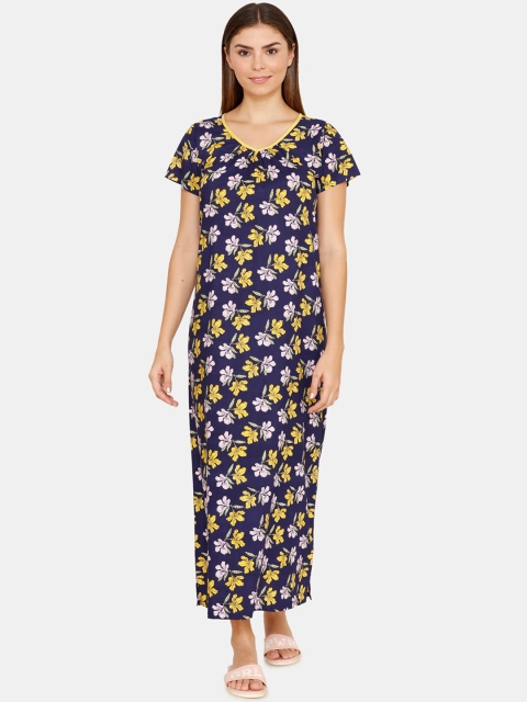 

Zivame Navy Blue & Yellow Printed Nightdress