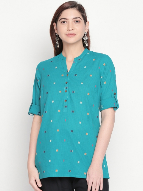 

AKKRITI BY PANTALOONS Teal Grey Self Design Tunic