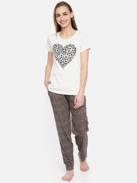 

Ellete Women Off-White & Brown Printed Night suit