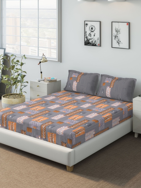

DDecor Grey & Orange Floral 140 TC Cotton 1 Queen Bedsheet with 2 Pillow Covers