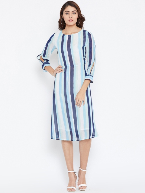 

FIZERA Women White & Blue Striped Sheath Dress