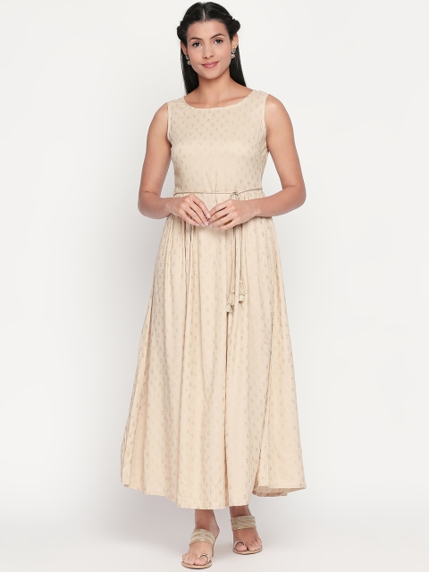 

AKKRITI BY PANTALOONS Women Self Design Gold-Coloured Fit and Flare Dress