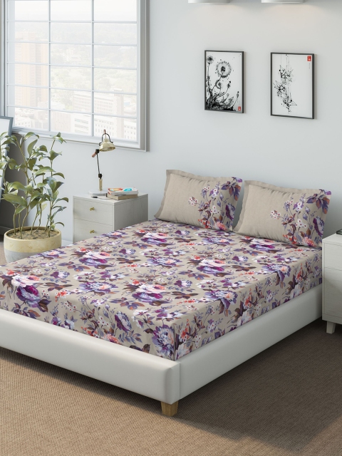 

DDecor Taupe & Purple Floral 140 TC Cotton 1 Queen Bedsheet with 2 Pillow Covers