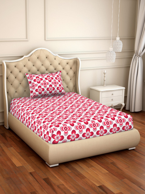 

SPACES White & Red Floral 144 TC Cotton 1 Single Bedsheet with 1 Pillow Covers