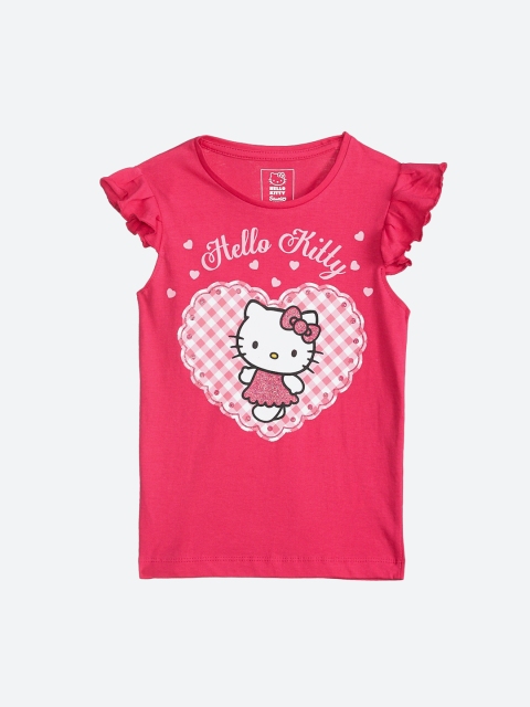 

Kids Ville Girls Pink Hello Kitty Printed Ruffle Sleeve Pure Cotton Top
